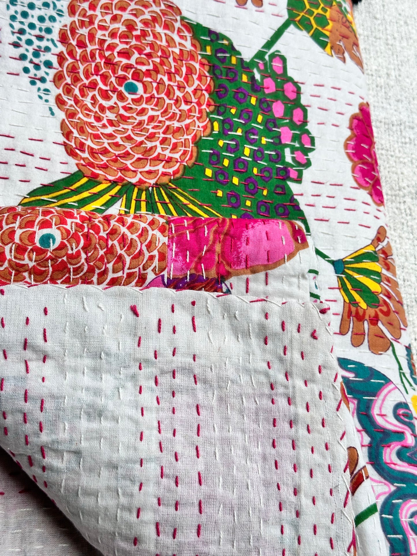 WHITE KANTHA BEDCOVER