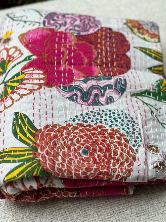 WHITE KANTHA BEDCOVER