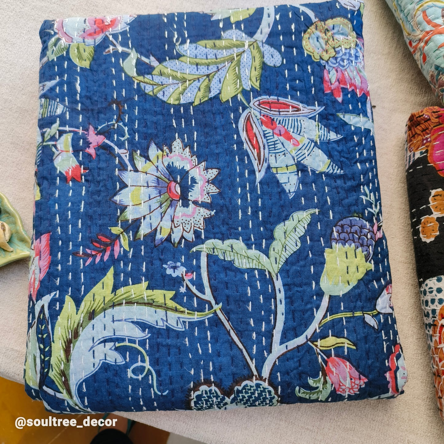 NAVY BLUE KANTHA BEDCOVER